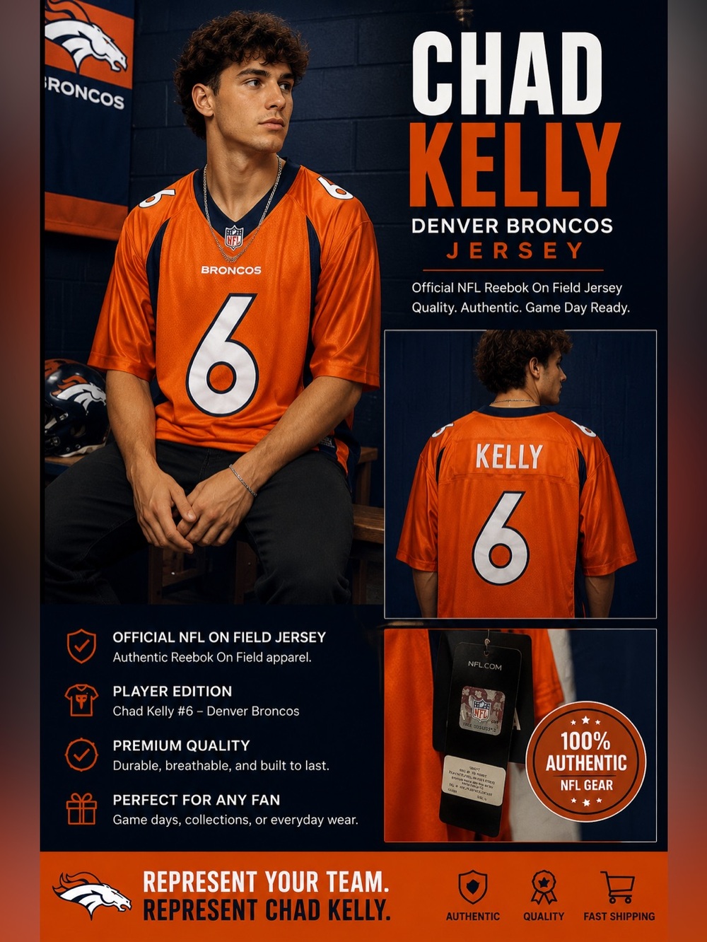 NFL Chad Kelly Orange and Navy Team Jersey with Official Tag size Large